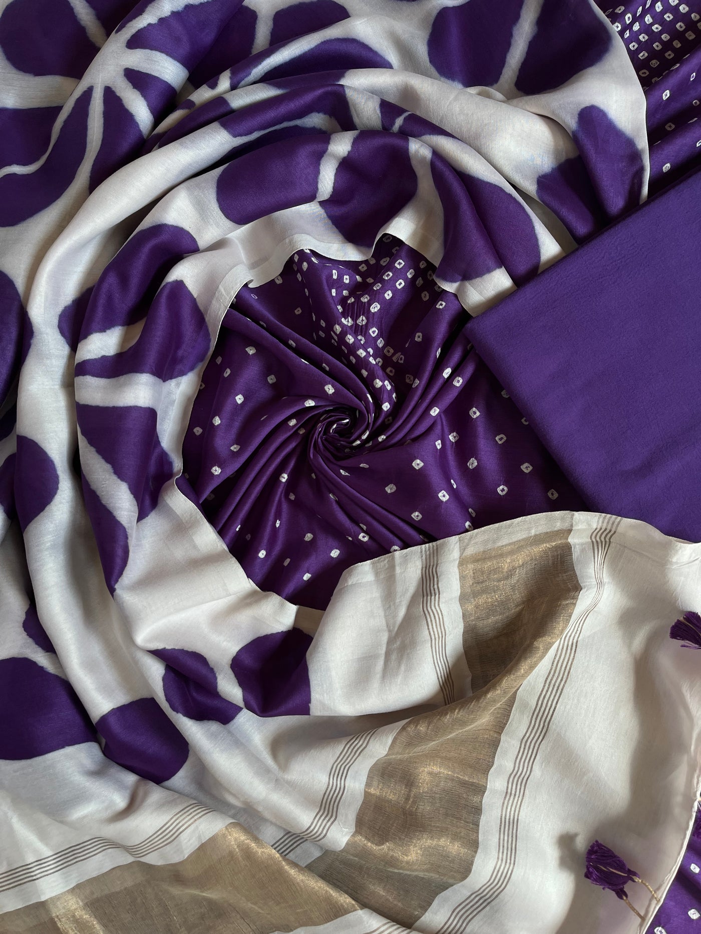 URVASHI :Handmade Designer Bandhnai- Clamp Chanderi Silk- Cott 3 Piece Suit Set.