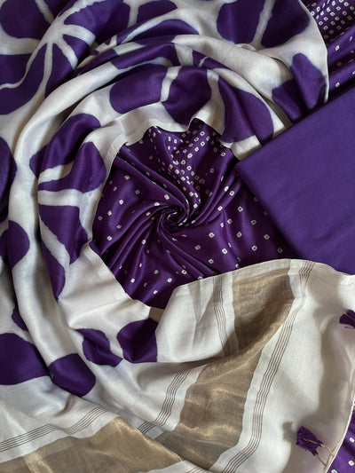 URVASHI :Handmade Designer Bandhnai- Clamp Chanderi Silk- Cott 3 Piece Suit Set.