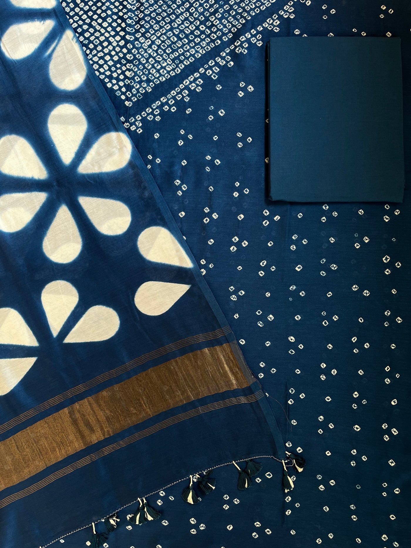 SANRACHNA :Handmade Designer Bandhnai- Clamp Chanderi Silk- Cott 3 Piece Suit Set.