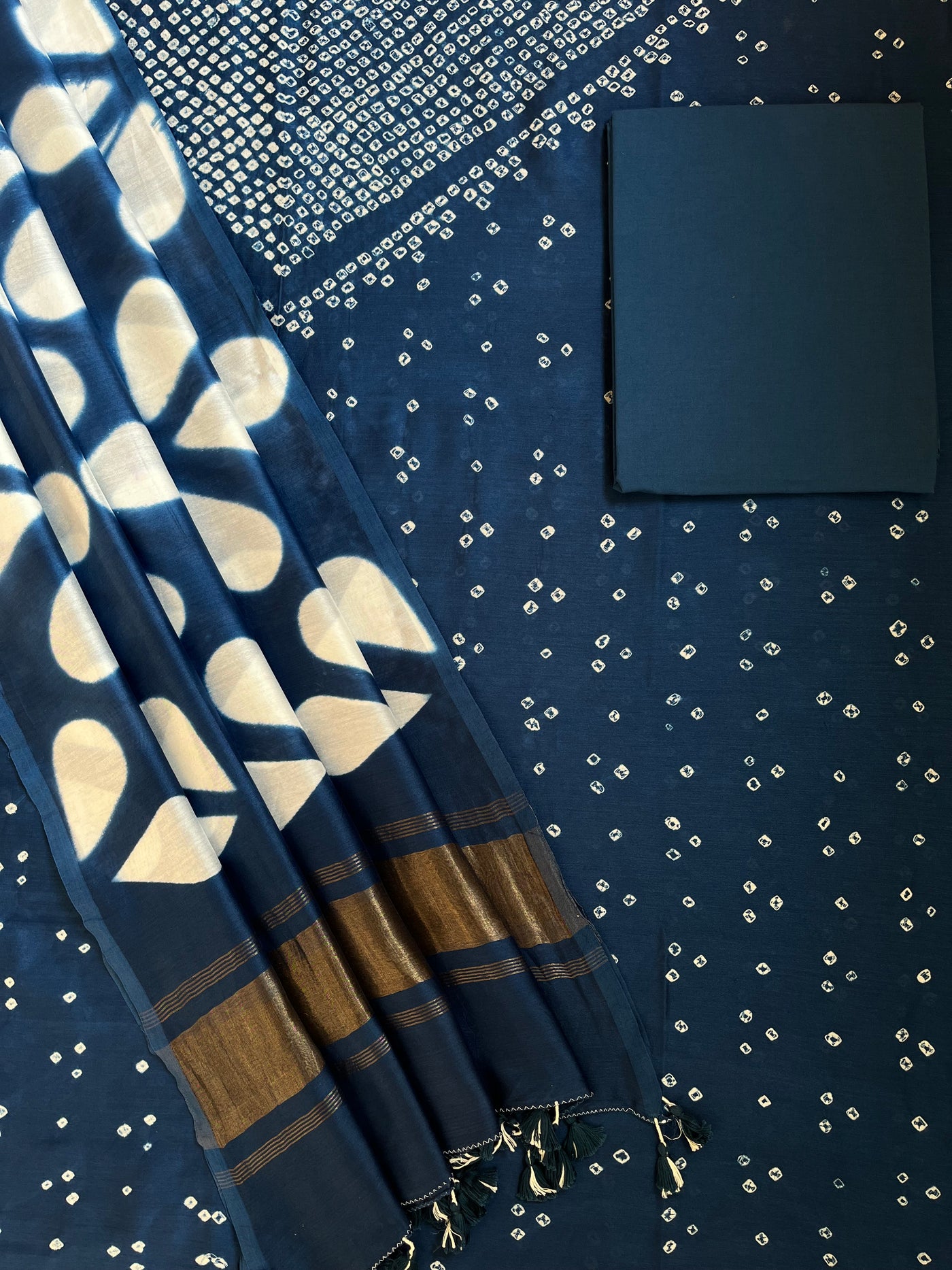 SANRACHNA :Handmade Designer Bandhnai- Clamp Chanderi Silk- Cott 3 Piece Suit Set.