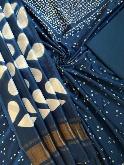 SANRACHNA :Handmade Designer Bandhnai- Clamp Chanderi Silk- Cott 3 Piece Suit Set.