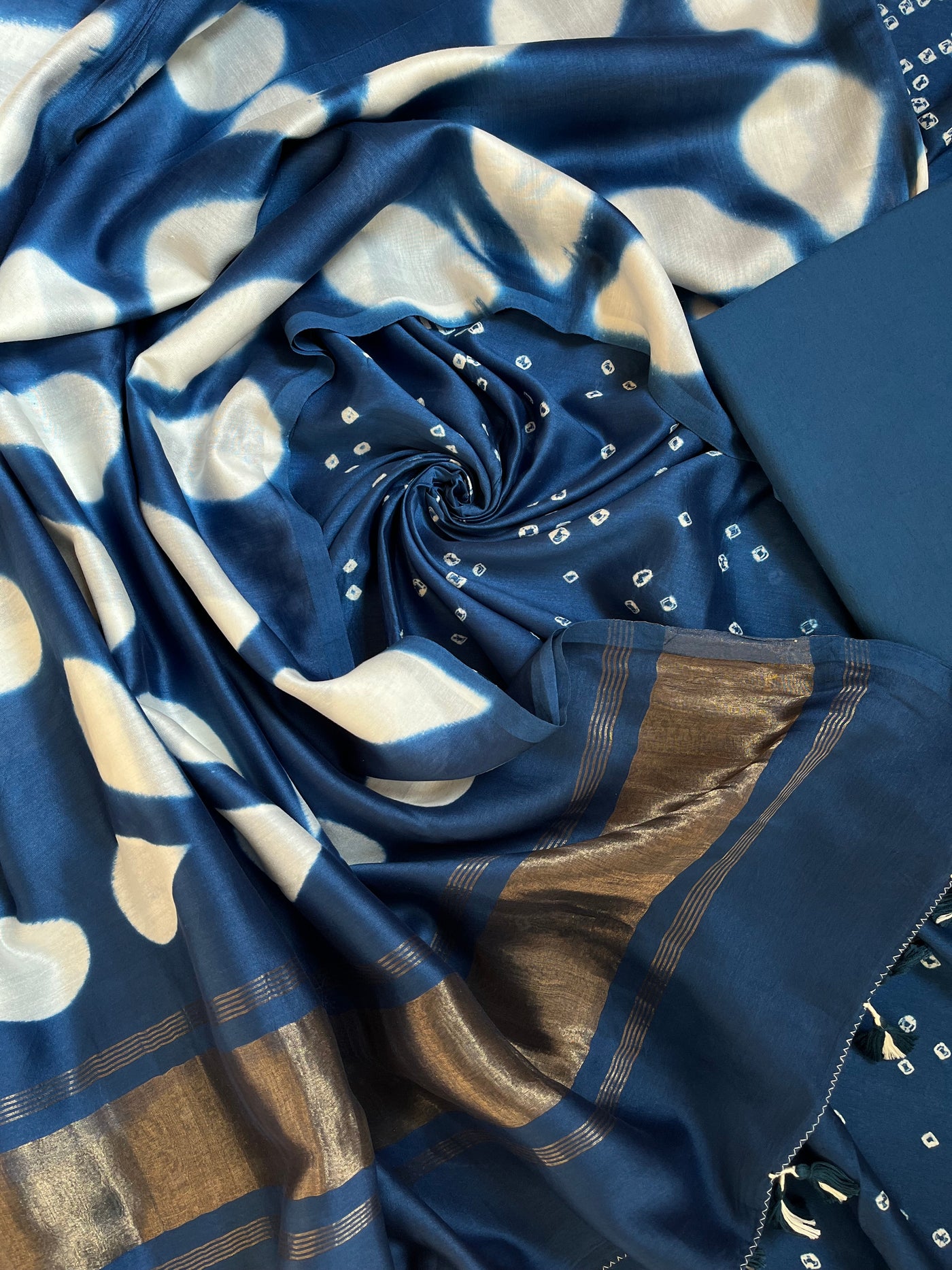 SANRACHNA :Handmade Designer Bandhnai- Clamp Chanderi Silk- Cott 3 Piece Suit Set.
