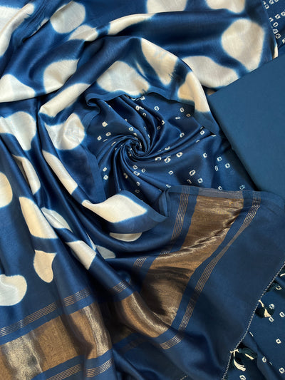SANRACHNA :Handmade Designer Bandhnai- Clamp Chanderi Silk- Cott 3 Piece Suit Set.