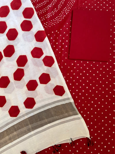 PALLAVI :Handmade Designer Bandhnai- Clamp Chanderi Silk- Cott 3 Piece Suit Set.