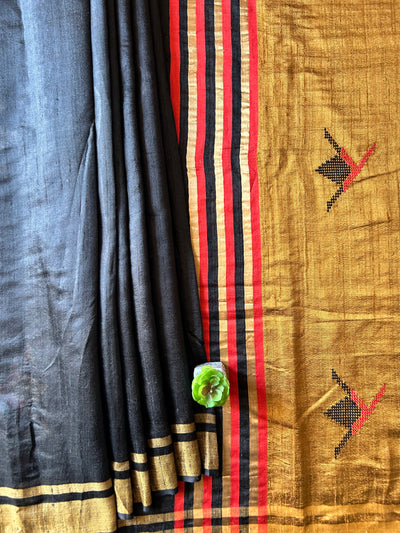 SUNHARI: BLACK,HANDLOOM PURE SILK SAREE