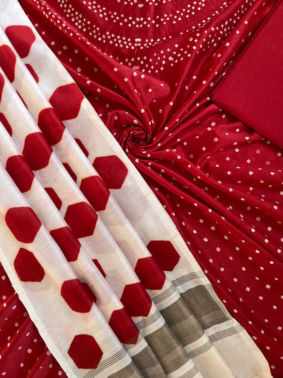 PALLAVI :Handmade Designer Bandhnai- Clamp Chanderi Silk- Cott 3 Piece Suit Set.
