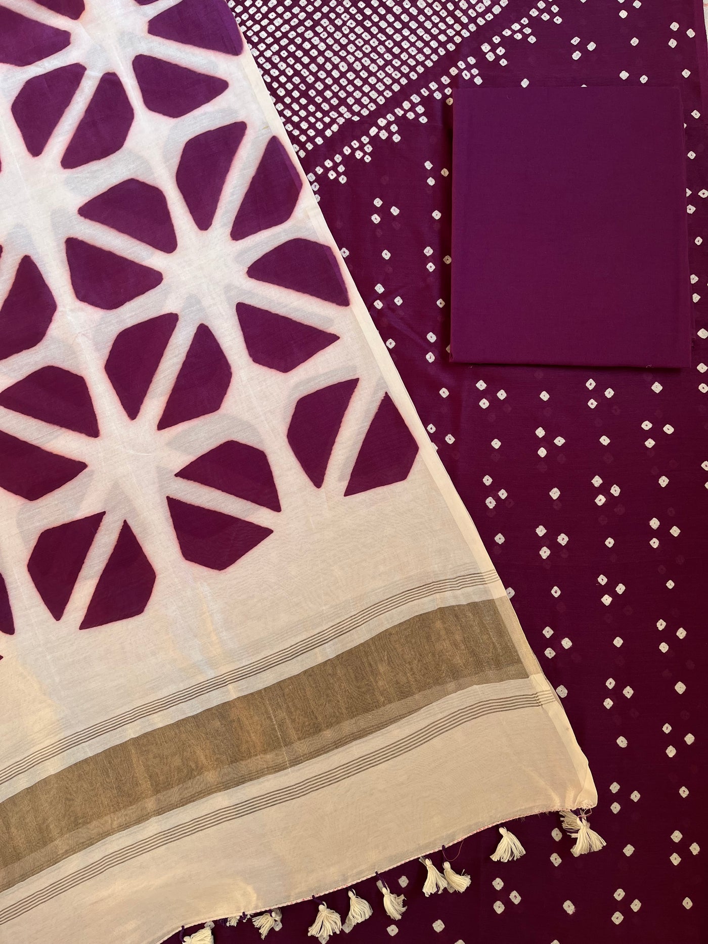 RITIKA :Handmade Designer Bandhnai- Clamp Chanderi Silk- Cott 3 Piece Suit Set.