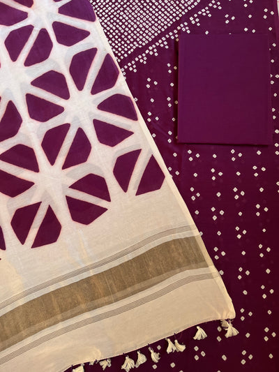 RITIKA :Handmade Designer Bandhnai- Clamp Chanderi Silk- Cott 3 Piece Suit Set.