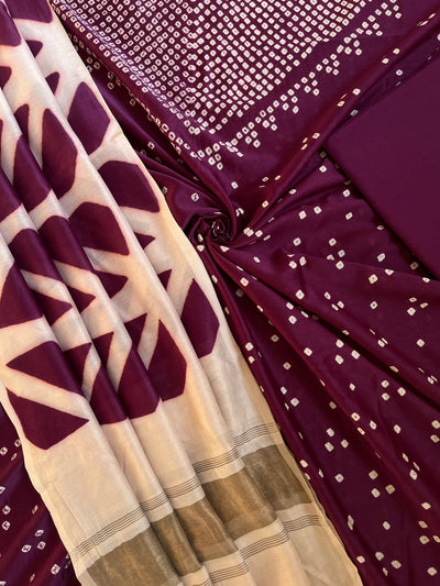RITIKA :Handmade Designer Bandhnai- Clamp Chanderi Silk- Cott 3 Piece Suit Set.
