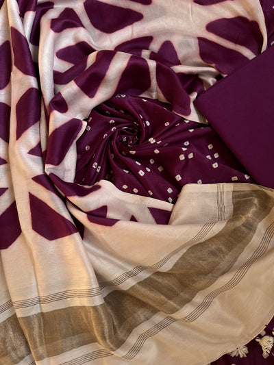 RITIKA :Handmade Designer Bandhnai- Clamp Chanderi Silk- Cott 3 Piece Suit Set.