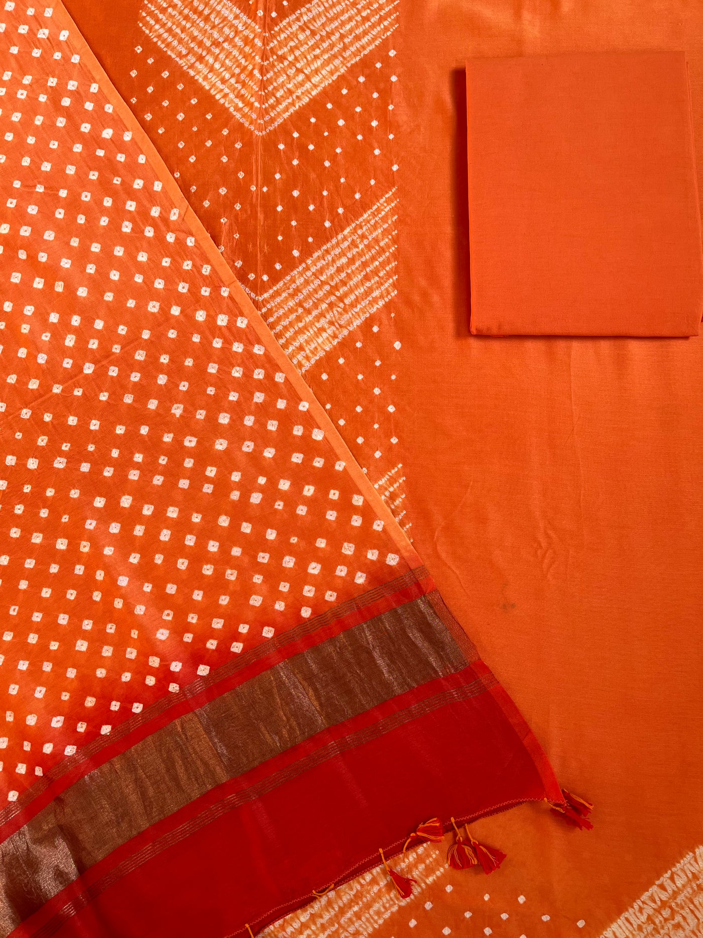 SOFIA :Handmade Designer Bandhnai Chanderi Silk- Cott 3 Piece Suit Set.