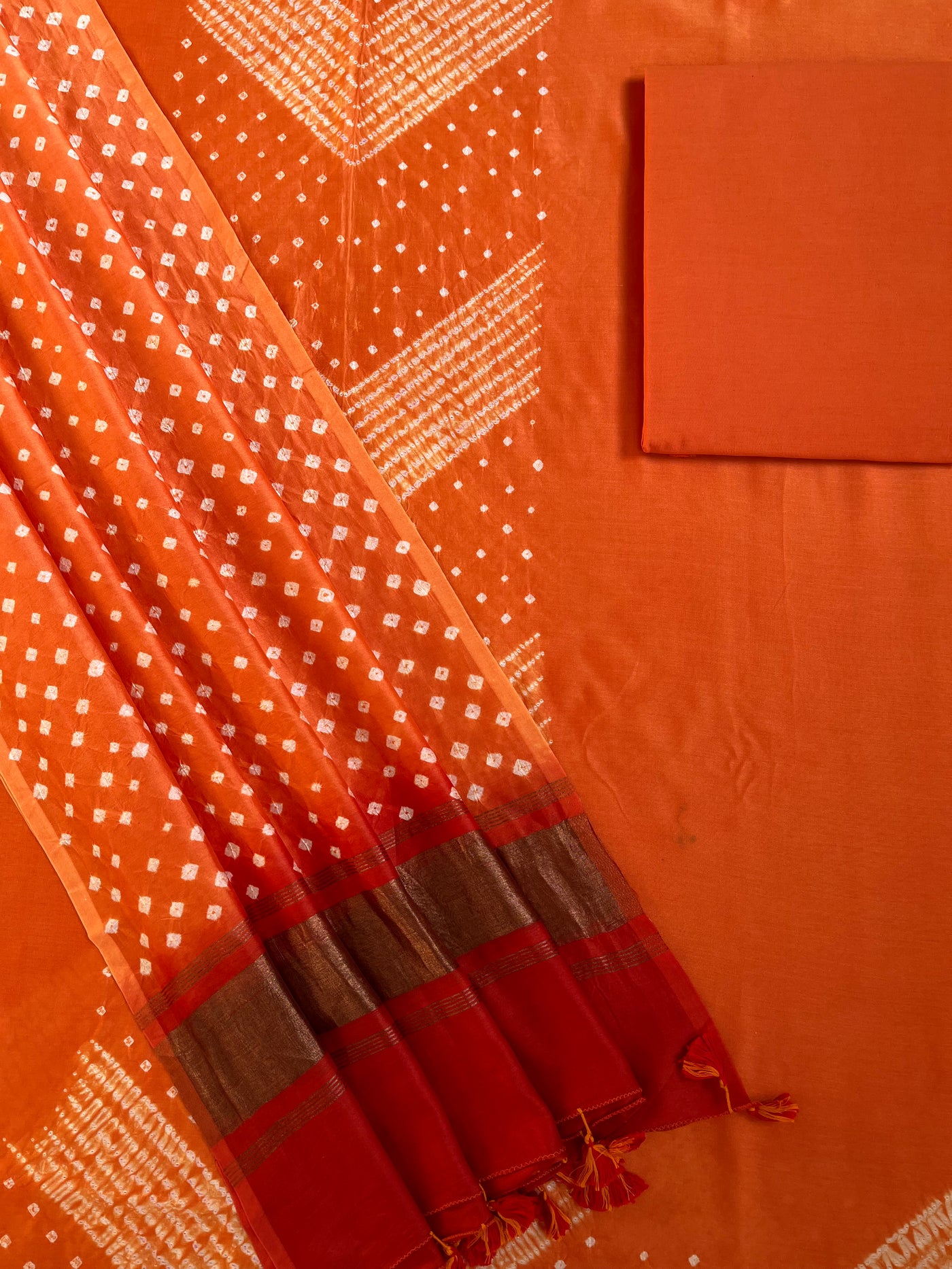 SOFIA :Handmade Designer Bandhnai Chanderi Silk- Cott 3 Piece Suit Set.