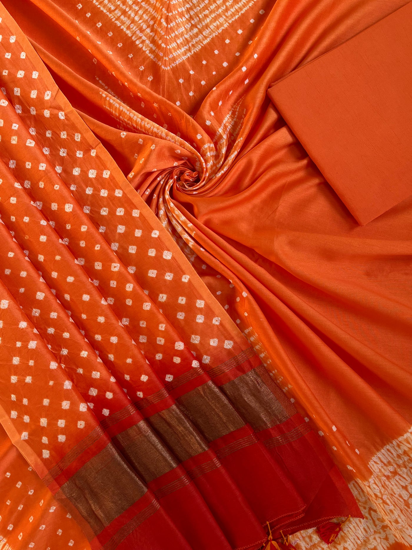 SOFIA :Handmade Designer Bandhnai Chanderi Silk- Cott 3 Piece Suit Set.