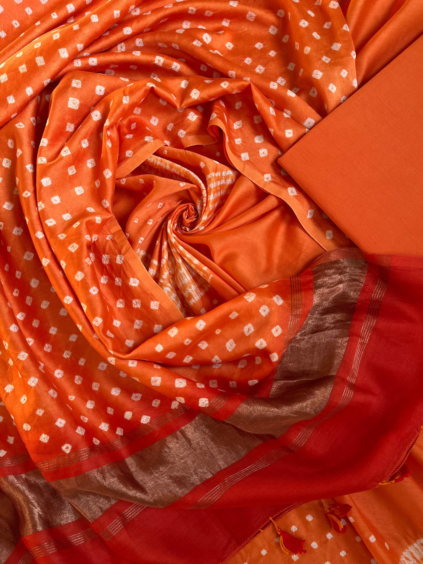 SOFIA :Handmade Designer Bandhnai Chanderi Silk- Cott 3 Piece Suit Set.