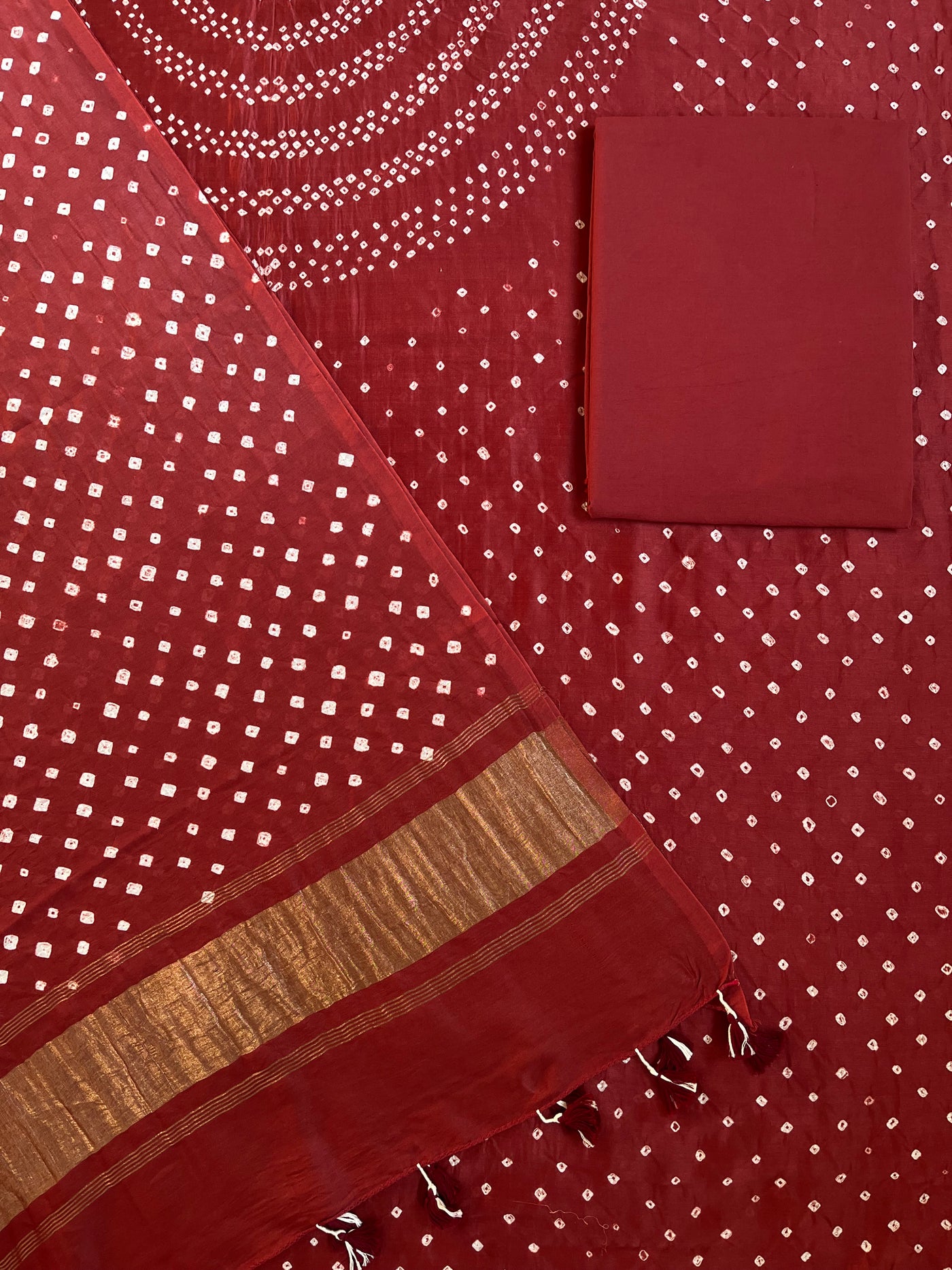 KIARA :Handmade Designer Bandhnai Chanderi Silk- Cott 3 Piece Suit Set.