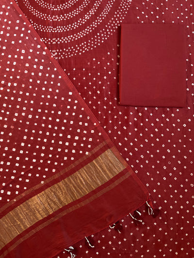 KIARA :Handmade Designer Bandhnai Chanderi Silk- Cott 3 Piece Suit Set.