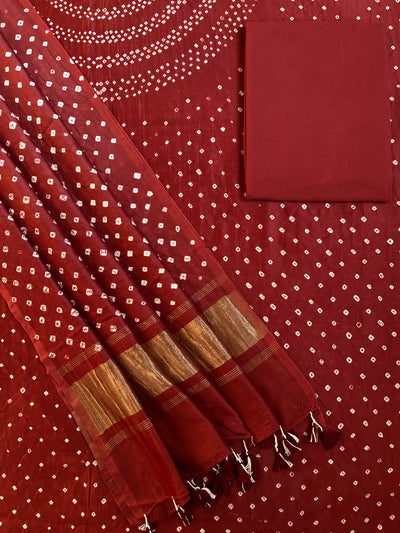 KIARA :Handmade Designer Bandhnai Chanderi Silk- Cott 3 Piece Suit Set.
