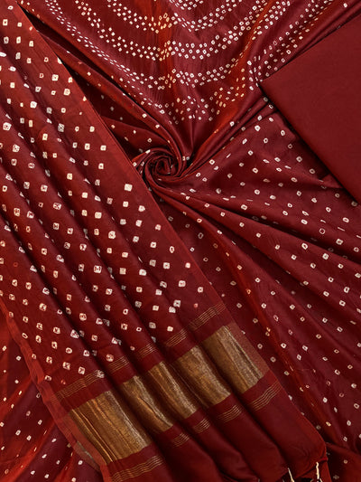 KIARA :Handmade Designer Bandhnai Chanderi Silk- Cott 3 Piece Suit Set.