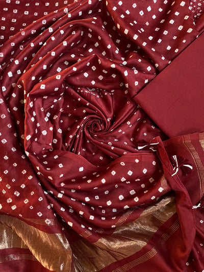 KIARA :Handmade Designer Bandhnai Chanderi Silk- Cott 3 Piece Suit Set.