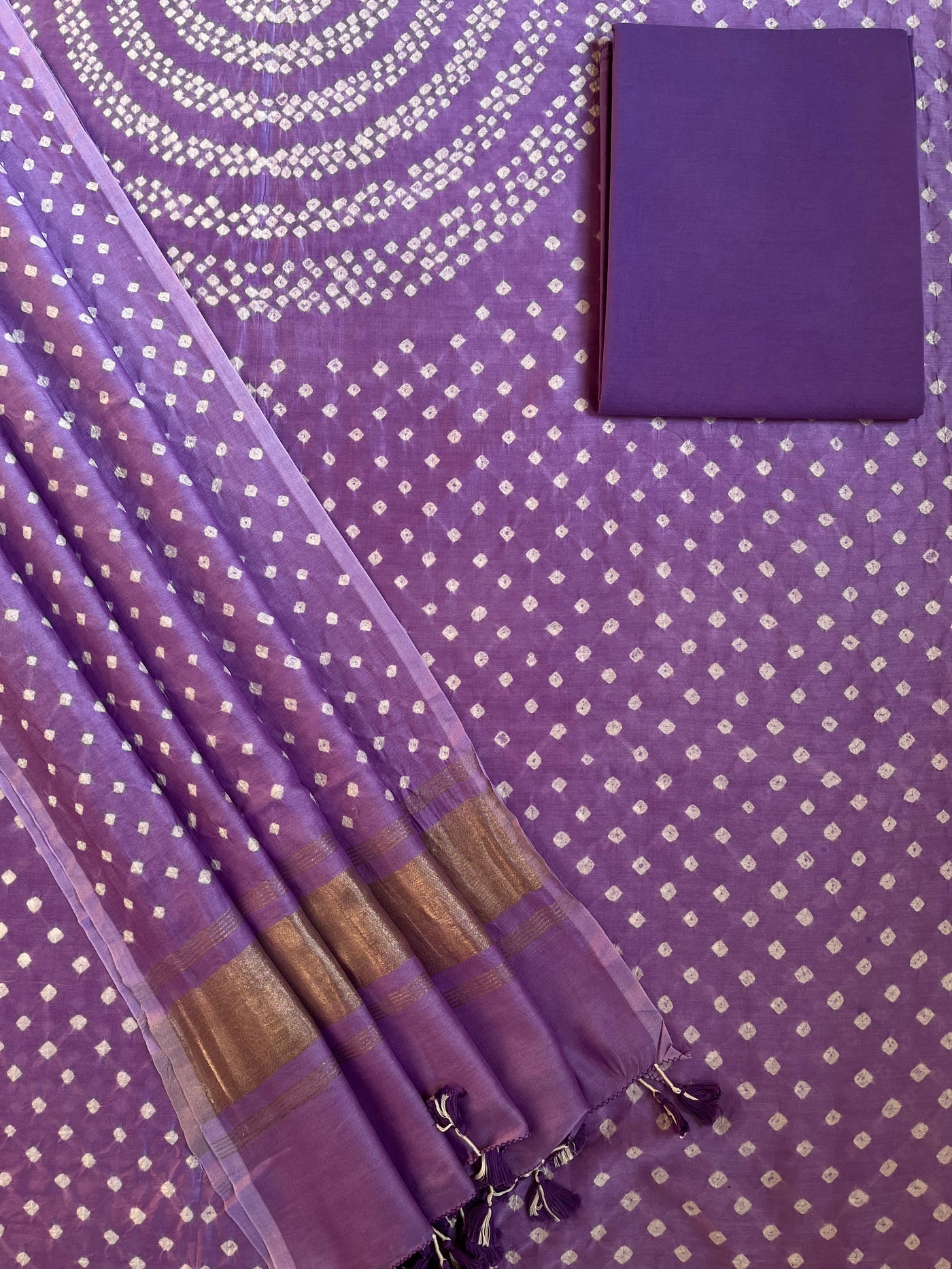 MYRA :Handmade Designer Bandhnai Chanderi Silk- Cott 3 Piece Suit Set.