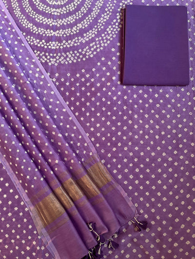 MYRA :Handmade Designer Bandhnai Chanderi Silk- Cott 3 Piece Suit Set.