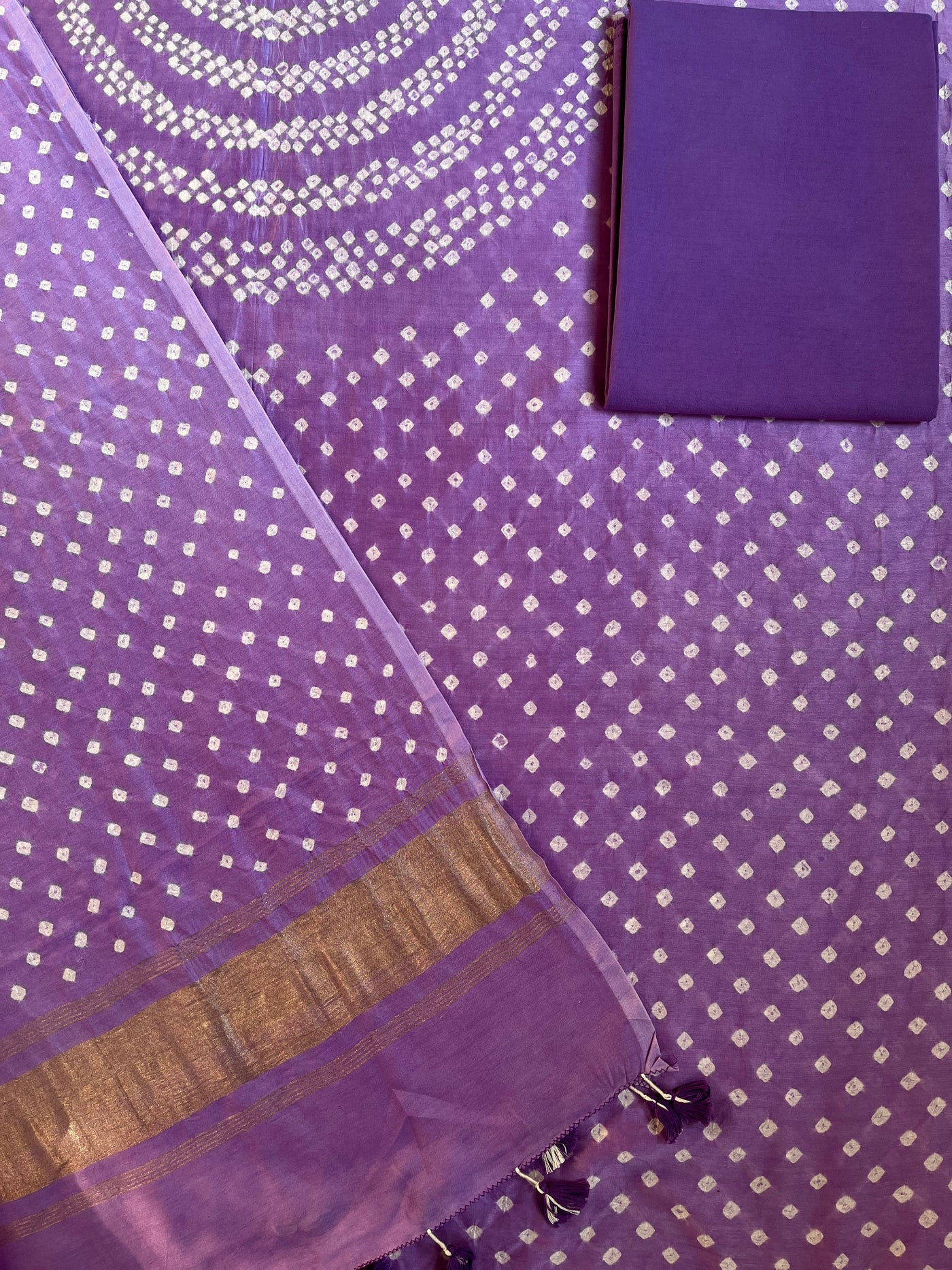 MYRA :Handmade Designer Bandhnai Chanderi Silk- Cott 3 Piece Suit Set.