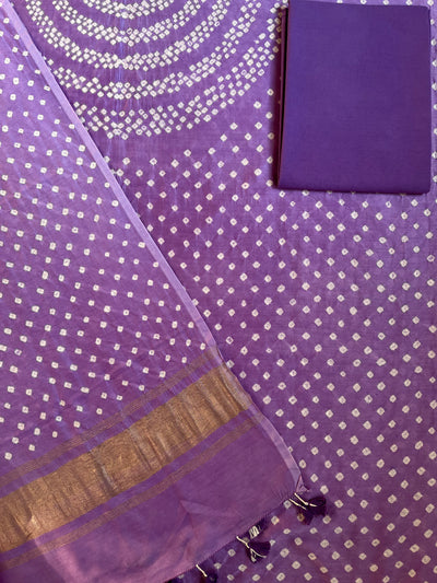 MYRA :Handmade Designer Bandhnai Chanderi Silk- Cott 3 Piece Suit Set.