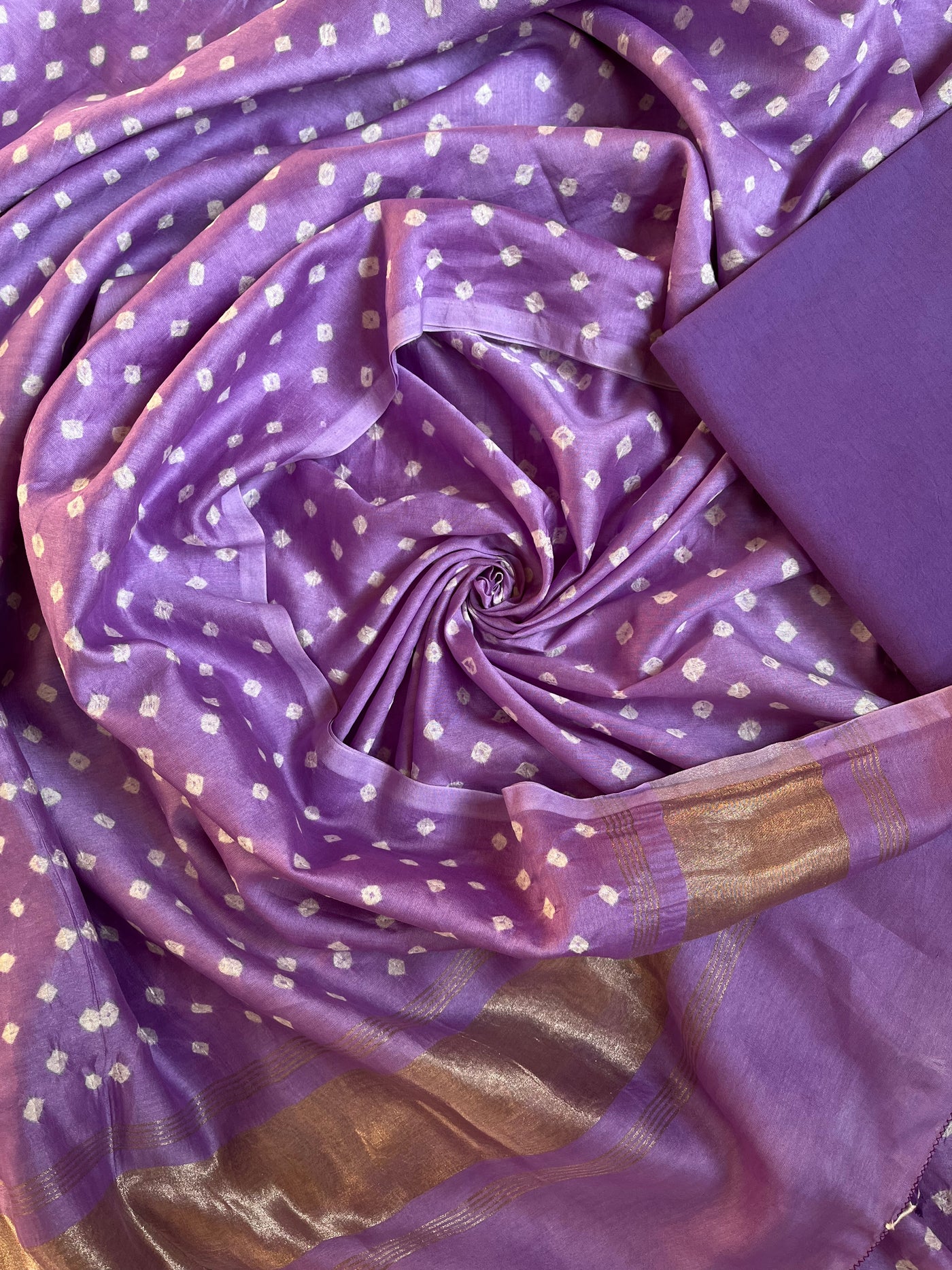 MYRA :Handmade Designer Bandhnai Chanderi Silk- Cott 3 Piece Suit Set.
