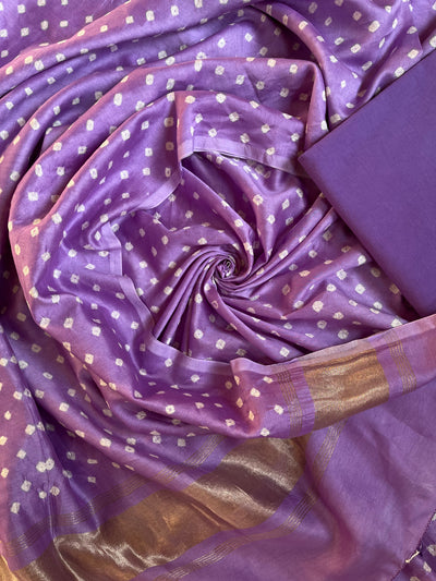 MYRA :Handmade Designer Bandhnai Chanderi Silk- Cott 3 Piece Suit Set.