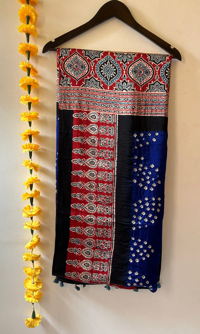 Neela :HANDMADE AJRAKH BANDHEJ MODAL SILK SAREE