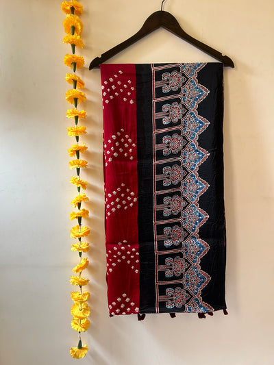 SHREE :HANDMADE AJRAKH BANDHEJ MODAL SILK SAREE