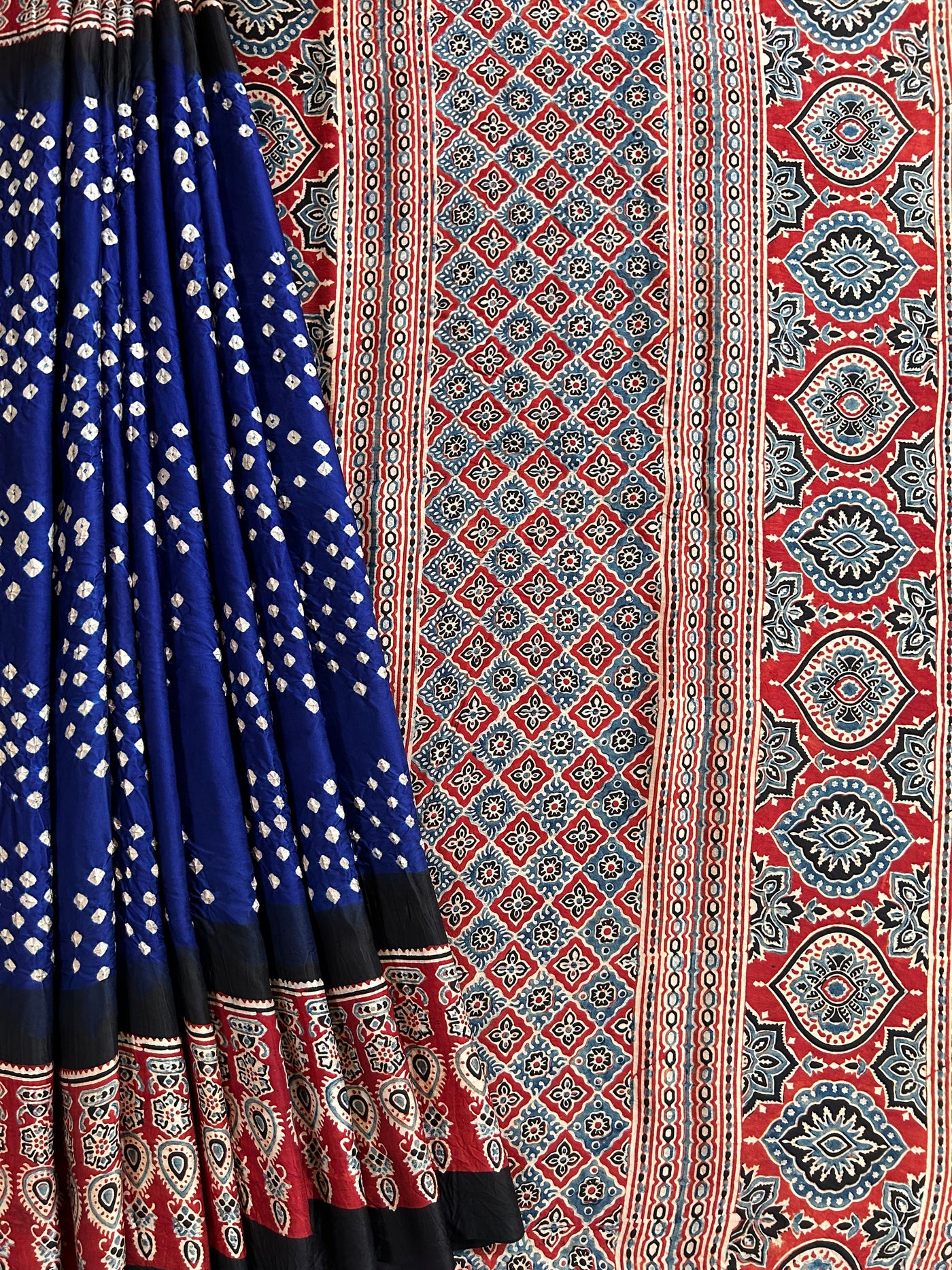 Neela :HANDMADE AJRAKH BANDHEJ MODAL SILK SAREE