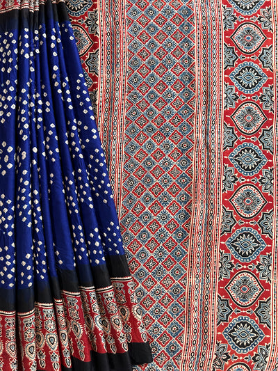 Neela :HANDMADE AJRAKH BANDHEJ MODAL SILK SAREE