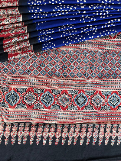 Neela :HANDMADE AJRAKH BANDHEJ MODAL SILK SAREE