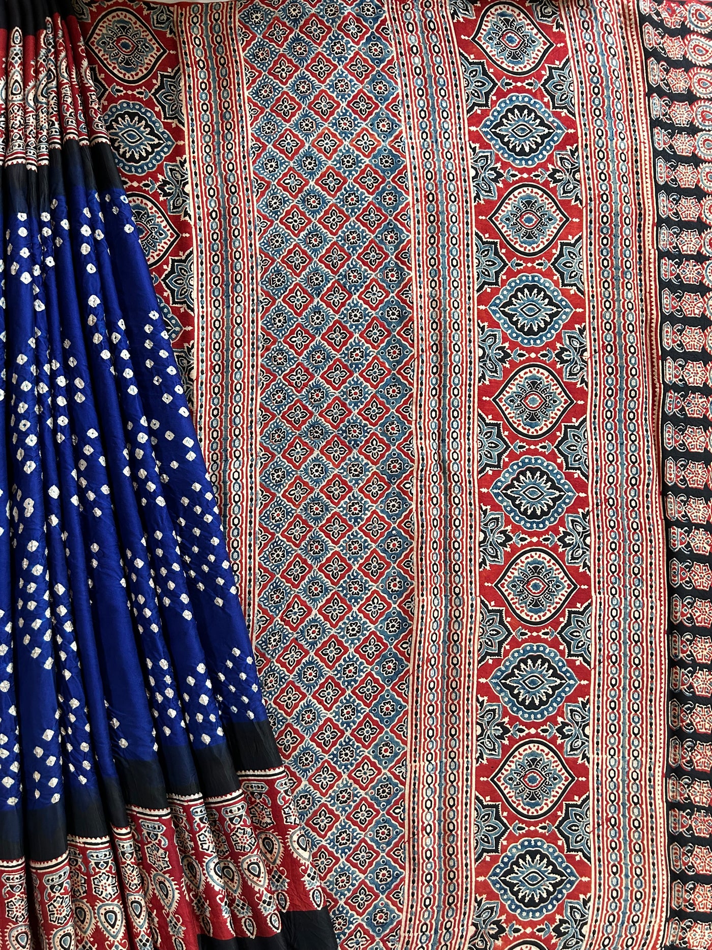 Neela :HANDMADE AJRAKH BANDHEJ MODAL SILK SAREE
