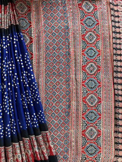 Neela :HANDMADE AJRAKH BANDHEJ MODAL SILK SAREE