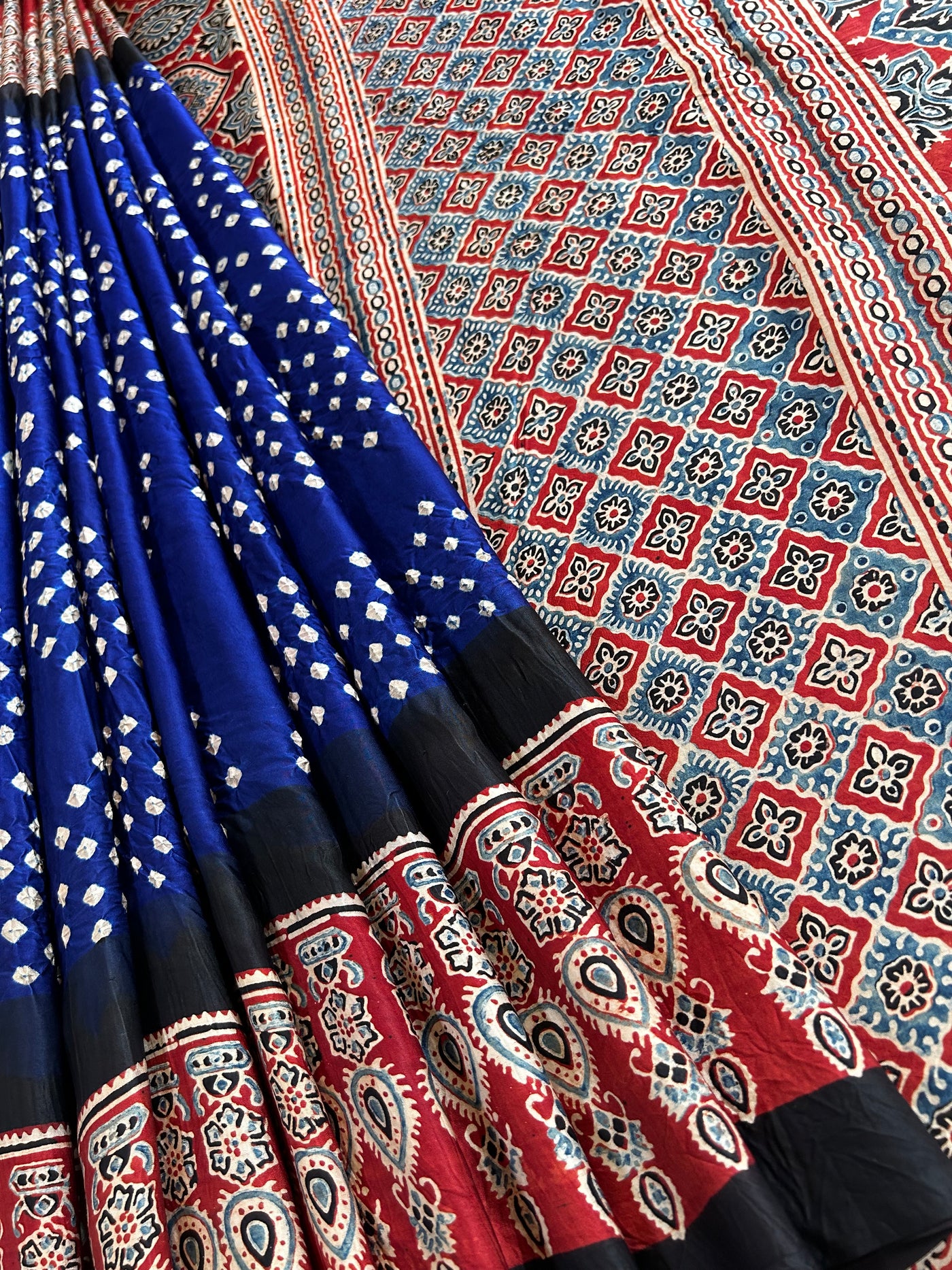 Neela :HANDMADE AJRAKH BANDHEJ MODAL SILK SAREE