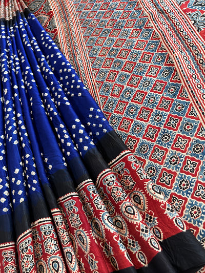 Neela :HANDMADE AJRAKH BANDHEJ MODAL SILK SAREE