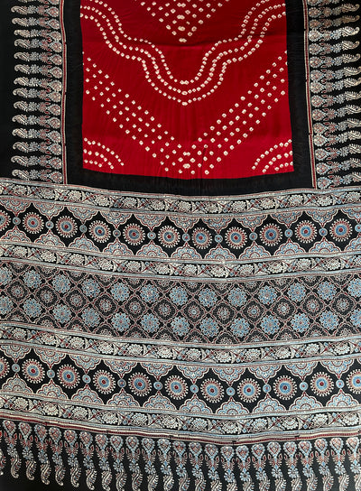 JOGAN :HANDMADE AJRAKH BANDHEJ MODAL SILK SAREE