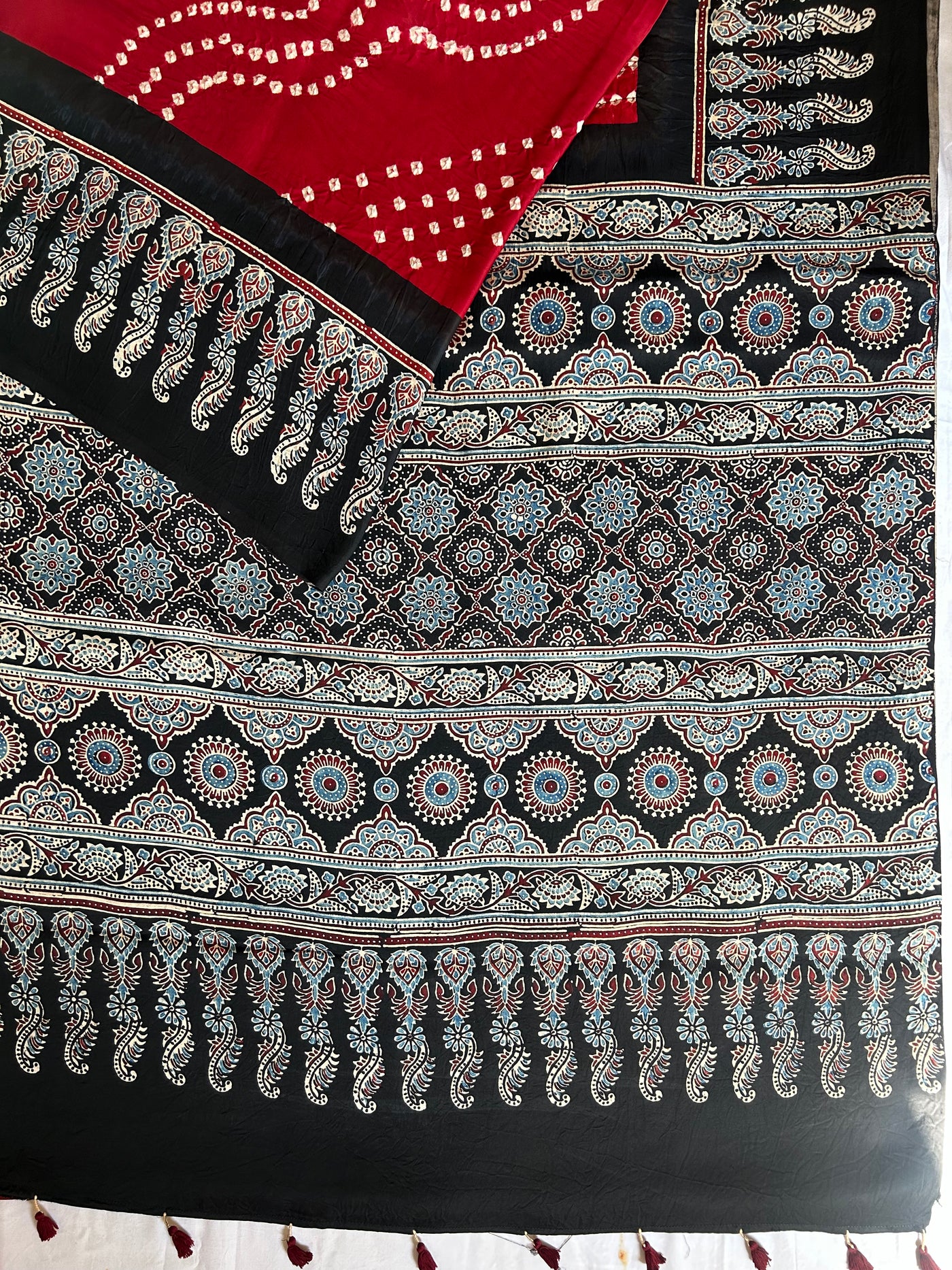 JOGAN :HANDMADE AJRAKH BANDHEJ MODAL SILK SAREE