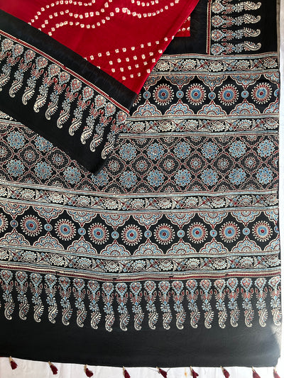 JOGAN :HANDMADE AJRAKH BANDHEJ MODAL SILK SAREE