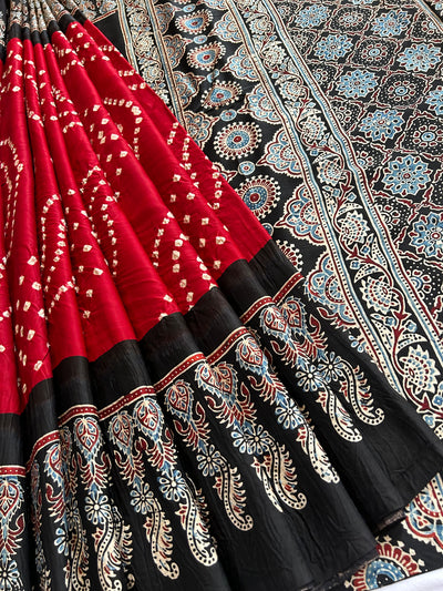 JOGAN :HANDMADE AJRAKH BANDHEJ MODAL SILK SAREE