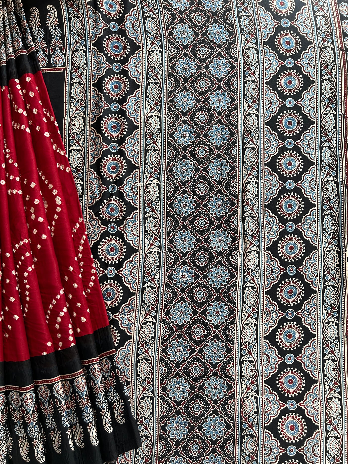 JOGAN :HANDMADE AJRAKH BANDHEJ MODAL SILK SAREE
