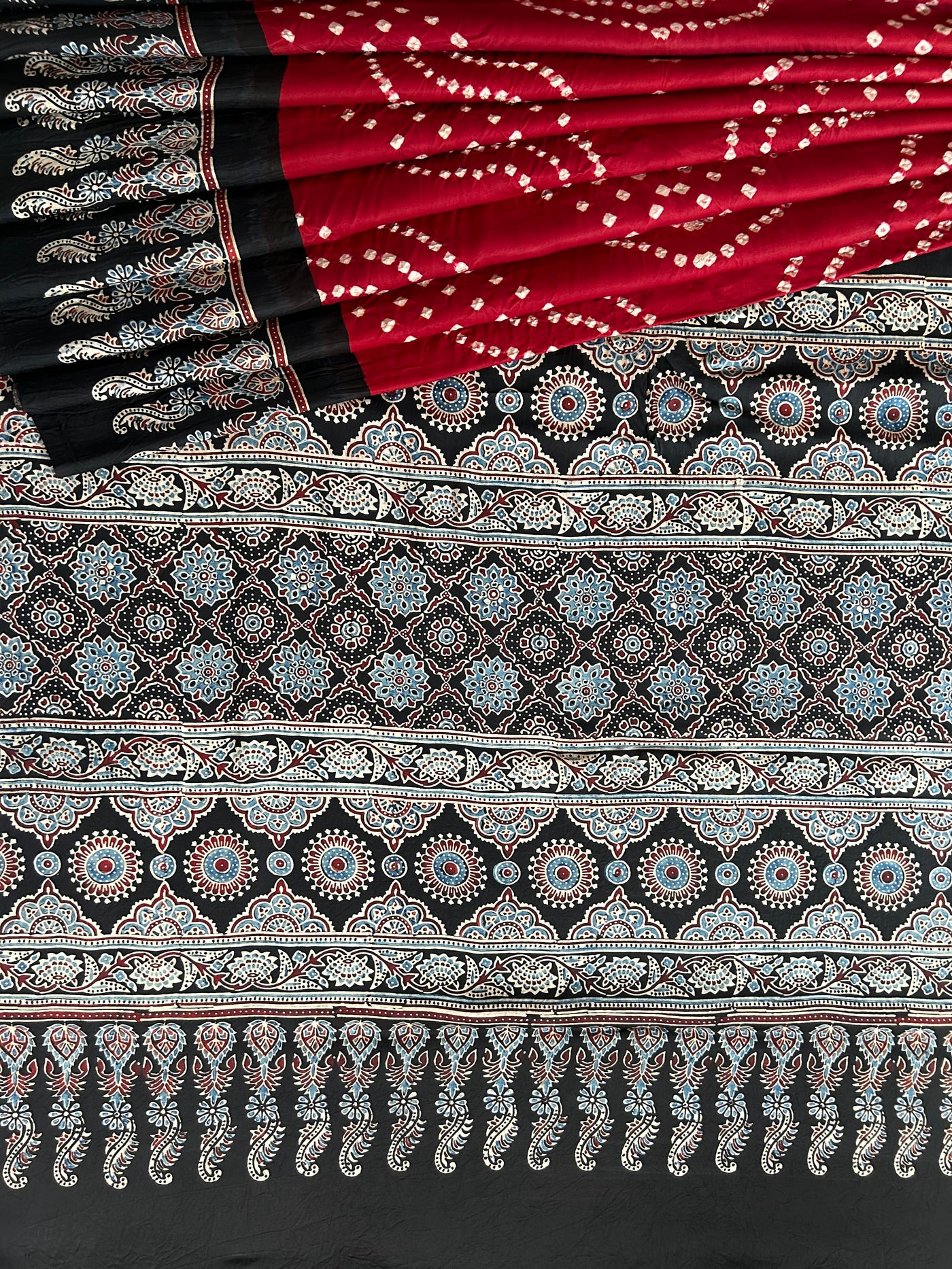 JOGAN :HANDMADE AJRAKH BANDHEJ MODAL SILK SAREE