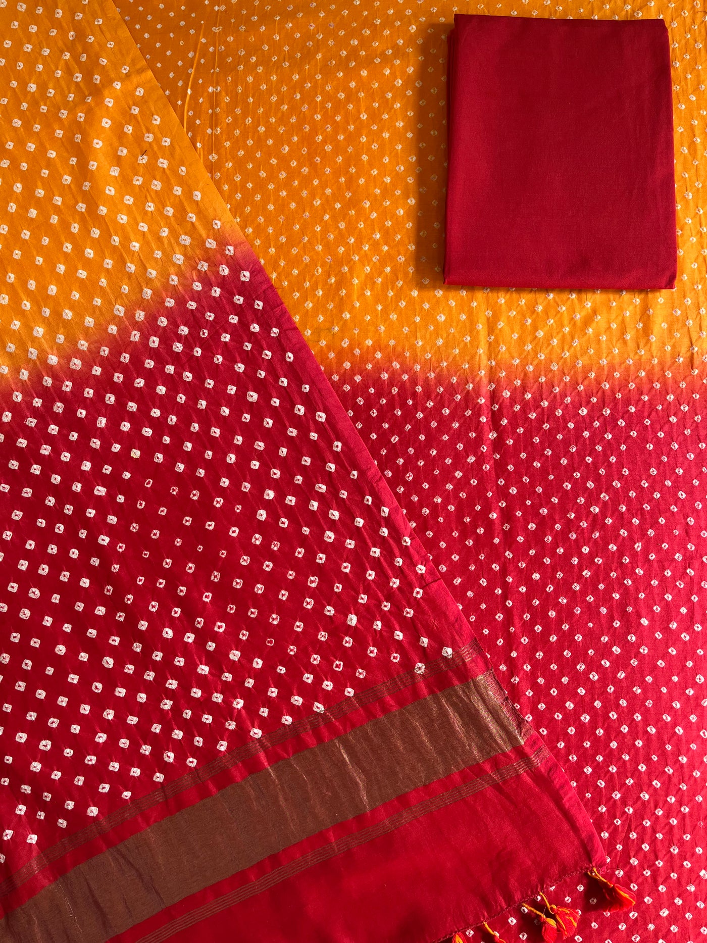 TAHIRA :Handmade Designer Bandhnai Chanderi Silk- Cott 3 Piece Suit Set.