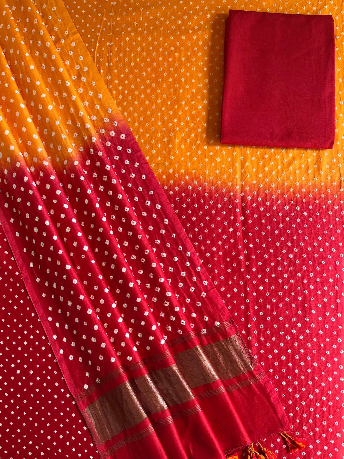 TAHIRA :Handmade Designer Bandhnai Chanderi Silk- Cott 3 Piece Suit Set.