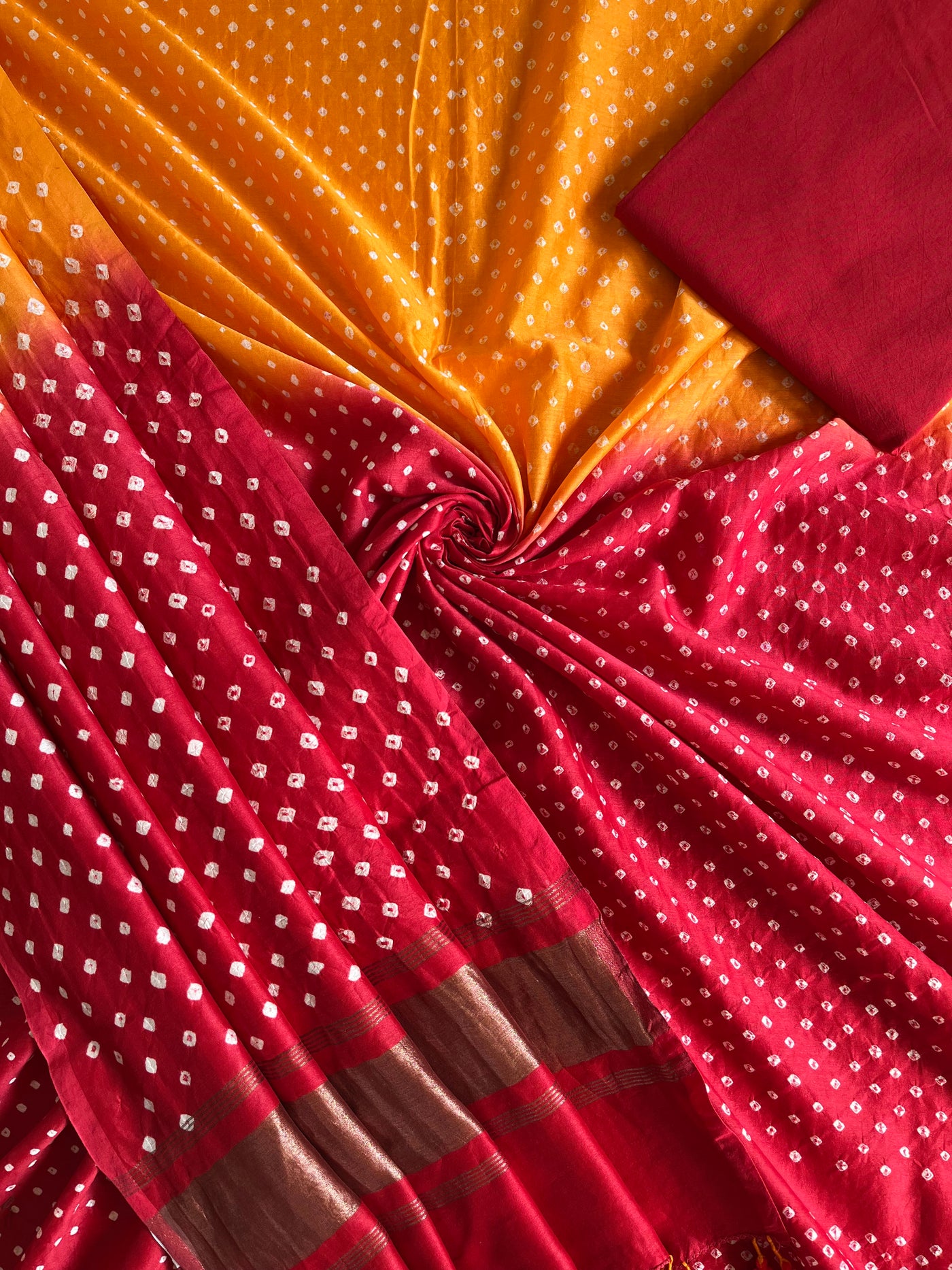 TAHIRA :Handmade Designer Bandhnai Chanderi Silk- Cott 3 Piece Suit Set.