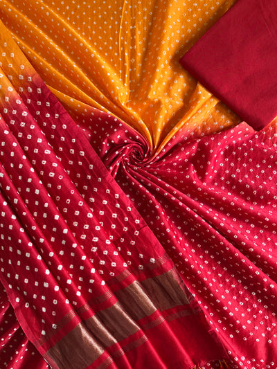 TAHIRA :Handmade Designer Bandhnai Chanderi Silk- Cott 3 Piece Suit Set.
