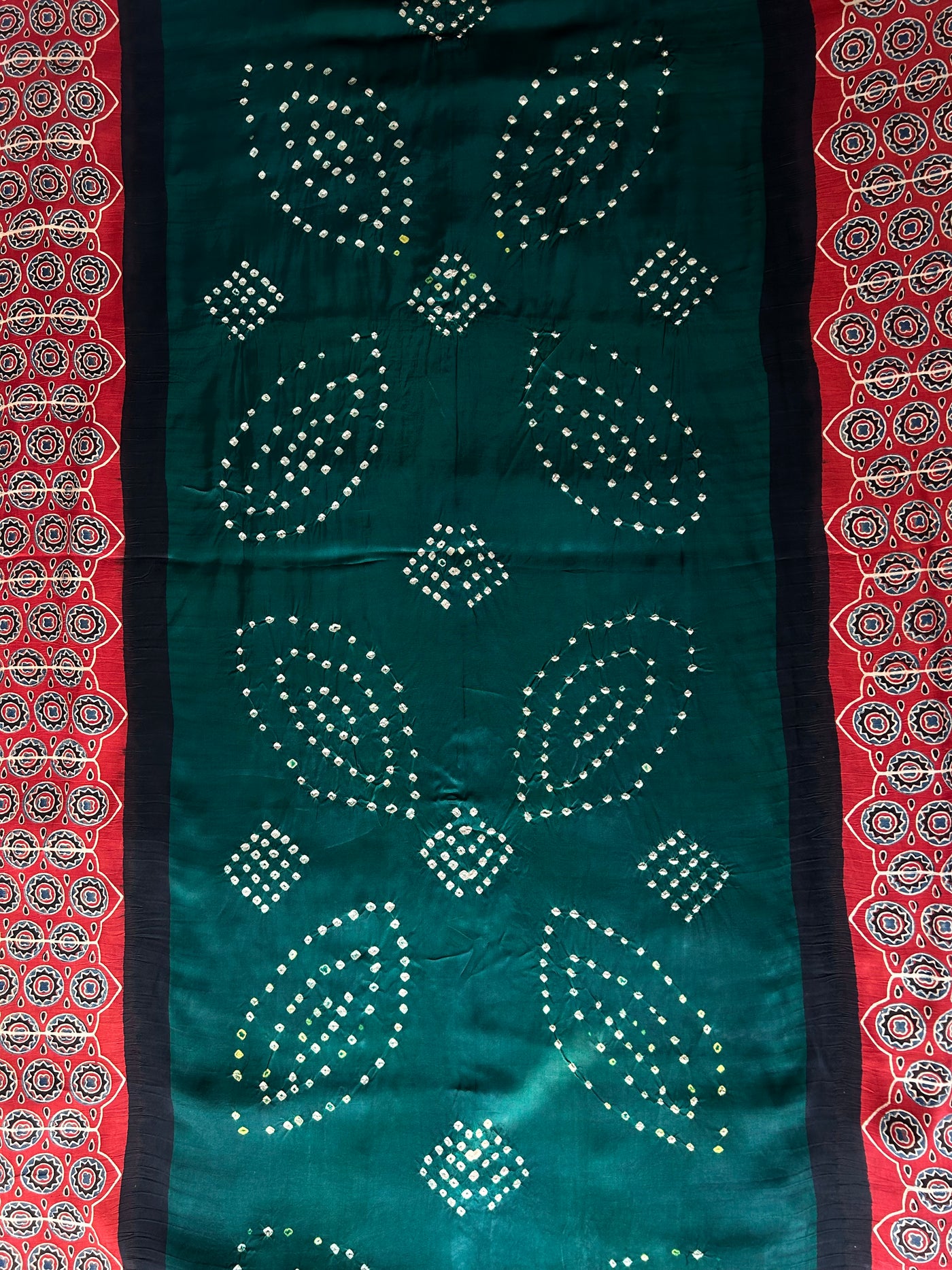 Vaidehi: AJRAKH Bottle Green BANDHEJ TISSUE MODAL SILK SAREE