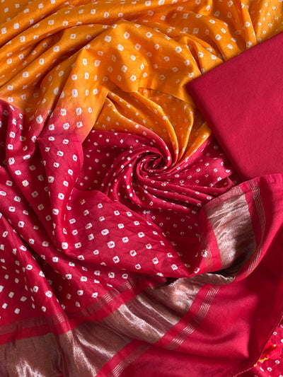 TAHIRA :Handmade Designer Bandhnai Chanderi Silk- Cott 3 Piece Suit Set.